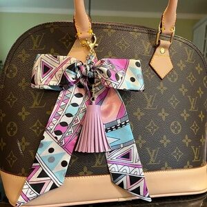 Purse scarf bow lilac tassel gold clip on bag black blue purple scarf design